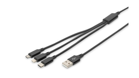 Kabel połączeniowy USB 3w1 Typ USB C + Lightning + micro USB B USB A M-M 10W nylon czarny 1m AK-300160-010-S