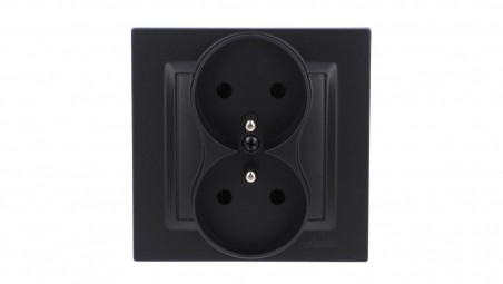 Simon 10 Gniazdo wtyczkowe z uziemieniem podwójne, monoblok, 16A, 250V, zaciski śrubowe kompletne, czarny mat CGZ2/49