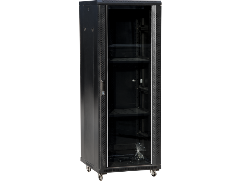 Szafa teleinformatyczna rack 19 cali 42U 600x600, drzwi szklane, kolor czarny FLAT PACK