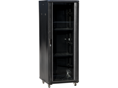 Szafa teleinformatyczna rack 19 cali 42U 600x600, drzwi szklane, kolor czarny FLAT PACK