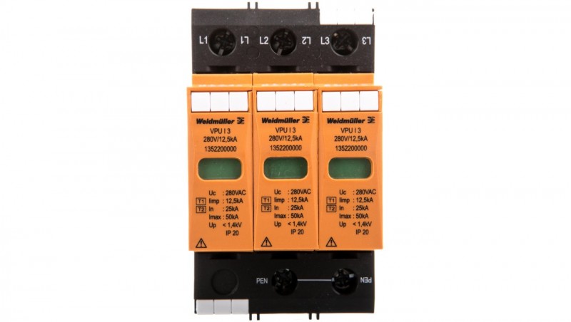 Ogranicznik przepięć B+C Typ 1+2 3P 12,5kA 1,4kV 280V VPU I 3 280V/12,5KA 1352200000