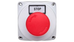 Obudowa szara LPZP1A8 z przyciskiem grzybkowym LPCB6344, odblokowanie przez obrót, etykietą STOP, zestyk 1NZ IP67 LPZP1B802