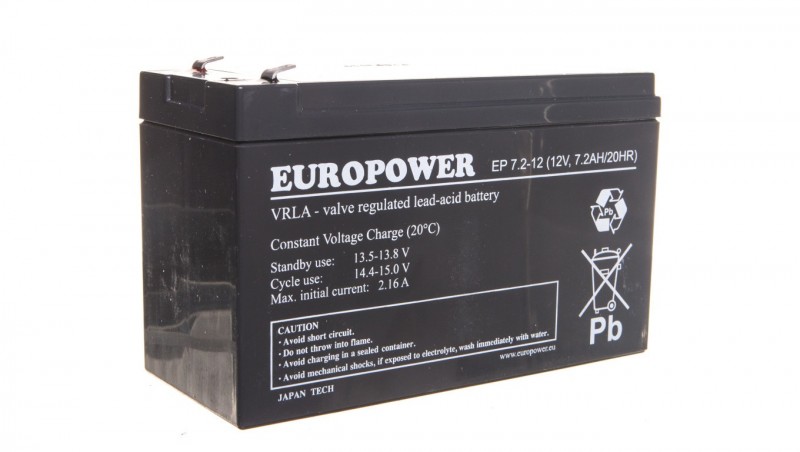 Akumulator bezobsługowy AGM 7,2Ah 12V Europower EP 7,2-12