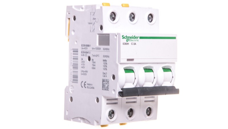 Wyłącznik nadprądowy 3P C 2A 10kA AC iC60H-C2-3 A9F07302 Wyłącznik nadprądowy 3P C 2A 10kA AC iC60H-C2-3 A9F07302