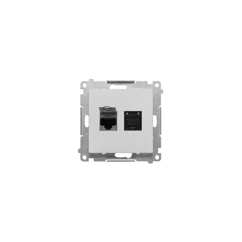 Simon 55 Gniazdo komputerowe podwójne RJ45 kategoria 6, ekranowane z przesłoną przeciwkurzową (moduł) Aluminium mat T62E.01/143 Simon 55 Gniazdo komputerowe podwójne RJ45 kategoria 6, ekranowane z przesłoną przeciwkurzową (moduł) Aluminium mat T62E.01/143