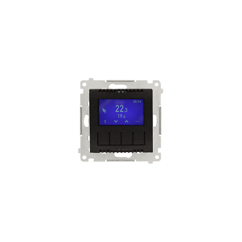 Simon 54 Termostat programowalny z wyświetlaczem z wew zewn czujnikiem temperatury bez sondy(moduł) 16A 230V czarny DETD1A.01/49 Simon 54 Termostat programowalny z wyświetlaczem z wew zewn czujnikiem temperatury bez sondy(moduł) 16A 230V czarny DETD1A.01/49