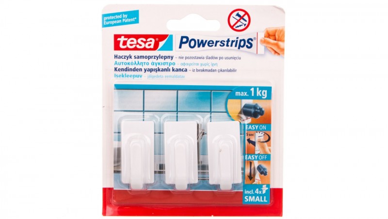 Haczyk samoprzylepny POWERSTRIPS kwadratowy, mały, biały /3szt./