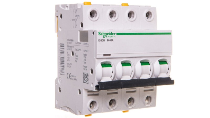 Wyłącznik nadprądowy 4P D 63A 6kA AC iC60N-D63-4 A9F05463 Wyłącznik nadprądowy 4P D 63A 6kA AC iC60N-D63-4 A9F05463