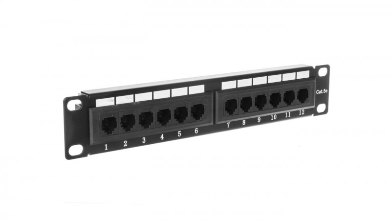 Patch panel 10 cali 12Port cat 5e wyposażony czarny 10-0004