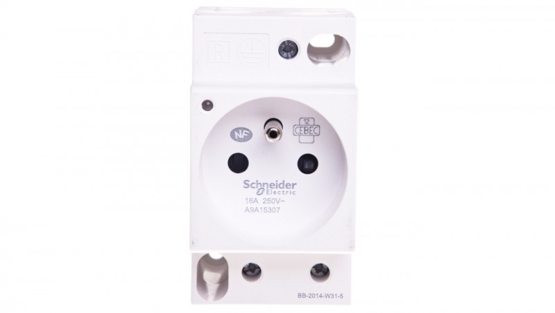 Gniazdo modułowe z lampką iPC 2P+E 10/16A 250V na szynę białe A9A15307 Gniazdo modułowe z lampką iPC 2P+E 10/16A 250V na szynę białe A9A15307
