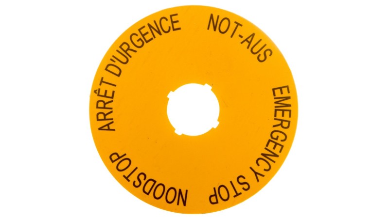 Tabliczka opisowa żółta okrągła fi90 EMERGENCY STOP (DE, GB, NL, F) M22-XAK3 216467 Tabliczka opisowa żółta okrągła fi90 EMERGENCY STOP (DE, GB, NL, F) M22-XAK3 216467
