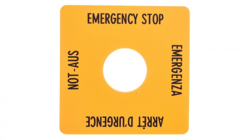 Tabliczka opisowa żółta 50x50mm EMERGENCY STOP SQT1 058874