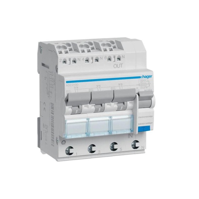Wyłącznik różnicowo-nadprądowy RCBO 3x1P+N B10A 0,03A Typ A 6kA RCBO ADZ310D
