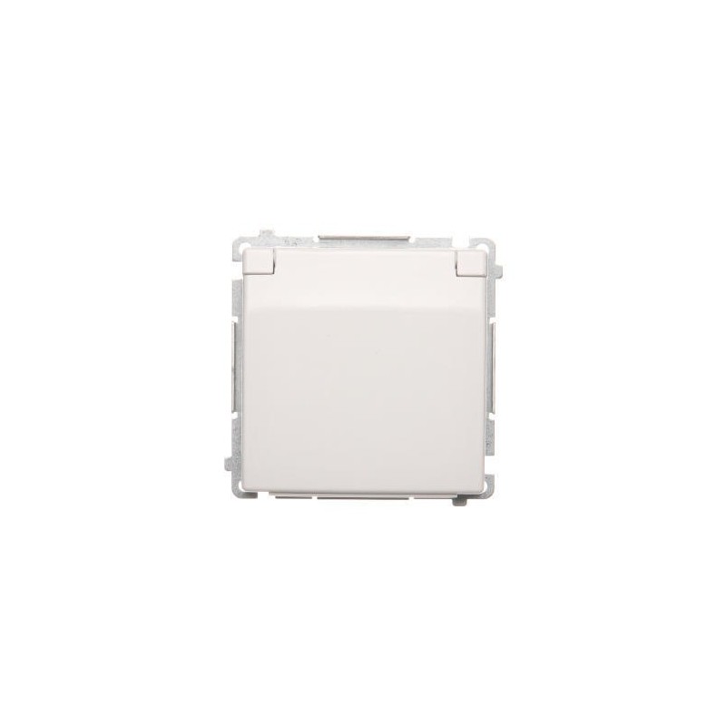 Simon Basic Gniazdo bryzgoszczelne z/u IP44 z przesłoną torów i klapką białe BMGZ1Bz.01/11