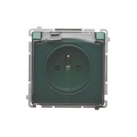 Simon Basic Gniazdo bryzgoszczelne z/u IP44 z przesłoną torów i klapką dymną zielone BMGZ1Bz.01/33a