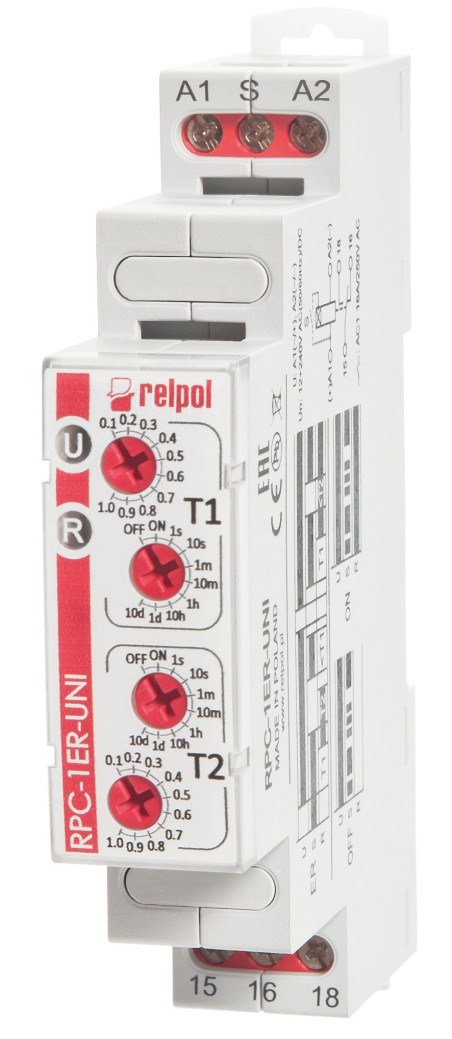 Przekaźnik czasowy 1P 1sek-10dni 12-240V AC/DC 50/60 Hz opóźnione załączanie i wyłączenie RPC-1ER-UNI 863185