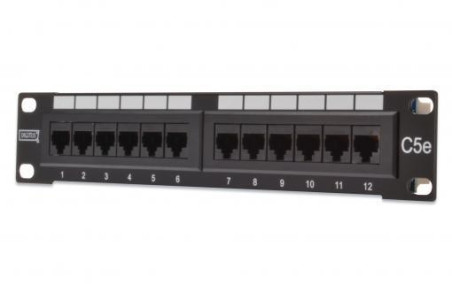 Patch panel kompletny 10 cali 12x RJ45 U/UTP kat. 5e 1U czarny (RAL 9005) DN-91512U