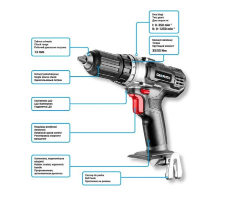 Wiertarko-wkrętarka akumulatorowa 18V Li-lon uchwyt samozaciskowy 13mm Energy+ 58G006